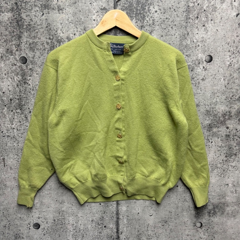 Burberrys Vintage Wool Cardigan Sweater Lime Green Gold Button Scotland Womens